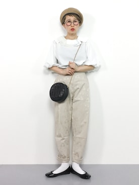 「ウエストイン」｜「アイテム（ハンチング/ベレー帽）」を使った、ひいこさん（レディース・154cm）の春コーディネート