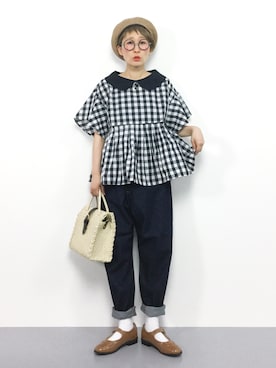 「フレアスリーブ」｜「アイテム（ハンチング/ベレー帽）」を使った、ひいこさん（レディース・154cm）の春コーディネート