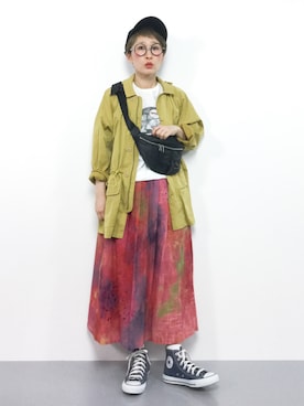 「マスタード」｜「アイテム（マウンテンパーカー）」を使った、ひいこさん（レディース・154cm）の春コーディネート