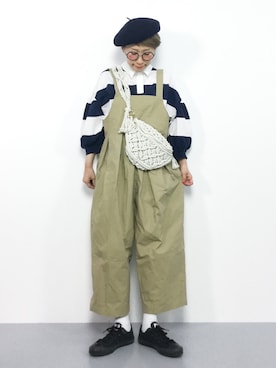 「ラガーシャツ」｜「アイテム（オールインワン・サロペット）」を使った、ひいこさん（レディース・154cm）の春コーディネート