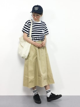 「カットオフ」｜「アイテム（キャップ）」を使った、ひいこさん（レディース・154cm）の春コーディネート