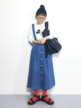 「赤い靴下」｜「アイテム（サロペット/オーバーオール）」を使った、ひいこさん（レディース・154cm）の夏コーディネート