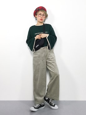 「赤チェック」｜「アイテム（ハンチング/ベレー帽）」を使った、ひいこさん（レディース・154cm）の秋コーディネート