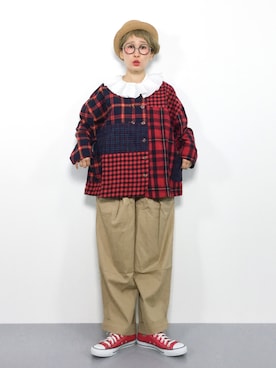 「赤チェック」｜「アイテム（ノーカラージャケット）」を使った、ひいこさん（レディース・154cm）の秋コーディネート