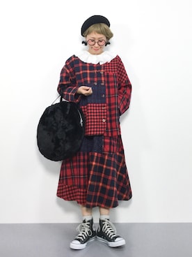 「赤チェック」｜「アイテム（ノーカラージャケット）」を使った、ひいこさん（レディース・154cm）の秋コーディネート
