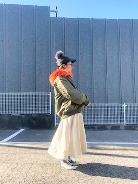 「白スカート」｜「アイテム（MA-1）」を使った、ひいこさん（レディース・154cm）の冬コーディネート