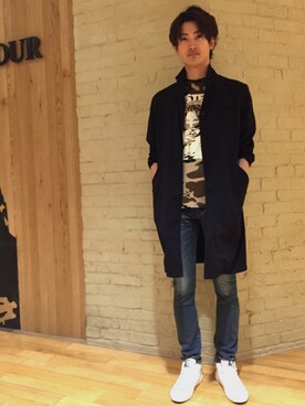 「HYSTERIC GLAMOUR（ヒステリックグラマー）のアイテム（ステンカラーコート）」を使った、obiさん（メンズ・175cm）の春コーディネート