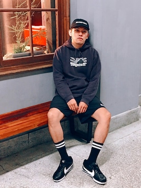 「FLAGSTUFF（フラグスタフ）のアイテム（帽子）」を使った、RYAN Zさん（メンズ・176cm）の冬コーディネート