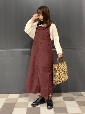 「アイテム（ジャンパースカート、レッド系）」を使った、coen  ますみつさん（レディース・158cm）の秋コーディネート