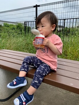 「petit main（プティマイン）のアイテム（Tシャツ/カットソー、ピンク系）」を使った、　あんくんさん（キッズ・80cm）の夏コーディネート