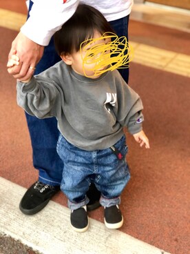 「息子」｜「アイテム（スウェット）」を使った、む＆ぽさん（キッズ・90cm）の冬コーディネート