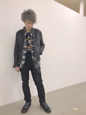 「SHIPS（シップス）のアイテム（ライダースジャケット）」を使った、Yusukeさん（メンズ・163cm）の冬コーディネート