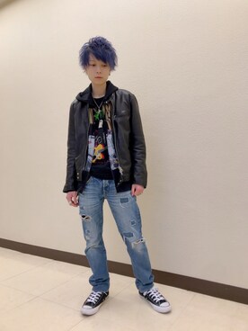「SHIPS（シップス）のアイテム（ライダースジャケット）」を使った、Yusukeさん（メンズ・163cm）の春コーディネート