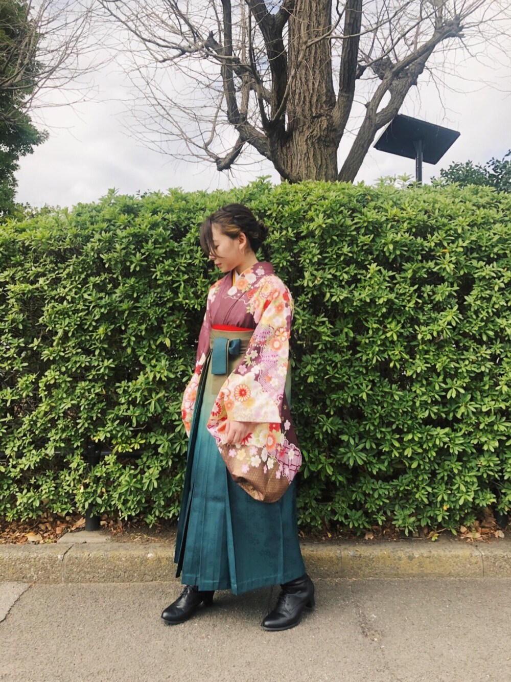 「卒業式、袴」｜「no brandのアイテム（浴衣、パープル系）」を使った、Rihoさん（レディース・157cm）の春コーディネートの1枚目の写真
