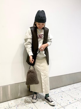 「UNITED ARROWS（ユナイテッドアローズ）のアイテム（ニットキャップ/ビーニー）」を使った、CHIKAさん（レディース・162cm）の秋コーディネート