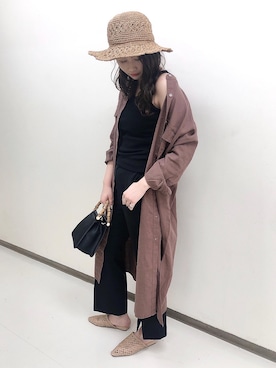 「JEANASIS（ジーナシス）のバンドカラーリネンシャツワンピース/872813（ワンピース、ブラウン系）」を使った、Yuriさん（レディース・171cm）の春コーディネート