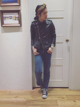 「Levis」｜「アイテム（ライダースジャケット）」を使った、Gokan Natsukoさん（レディース・162cm）の冬コーディネート