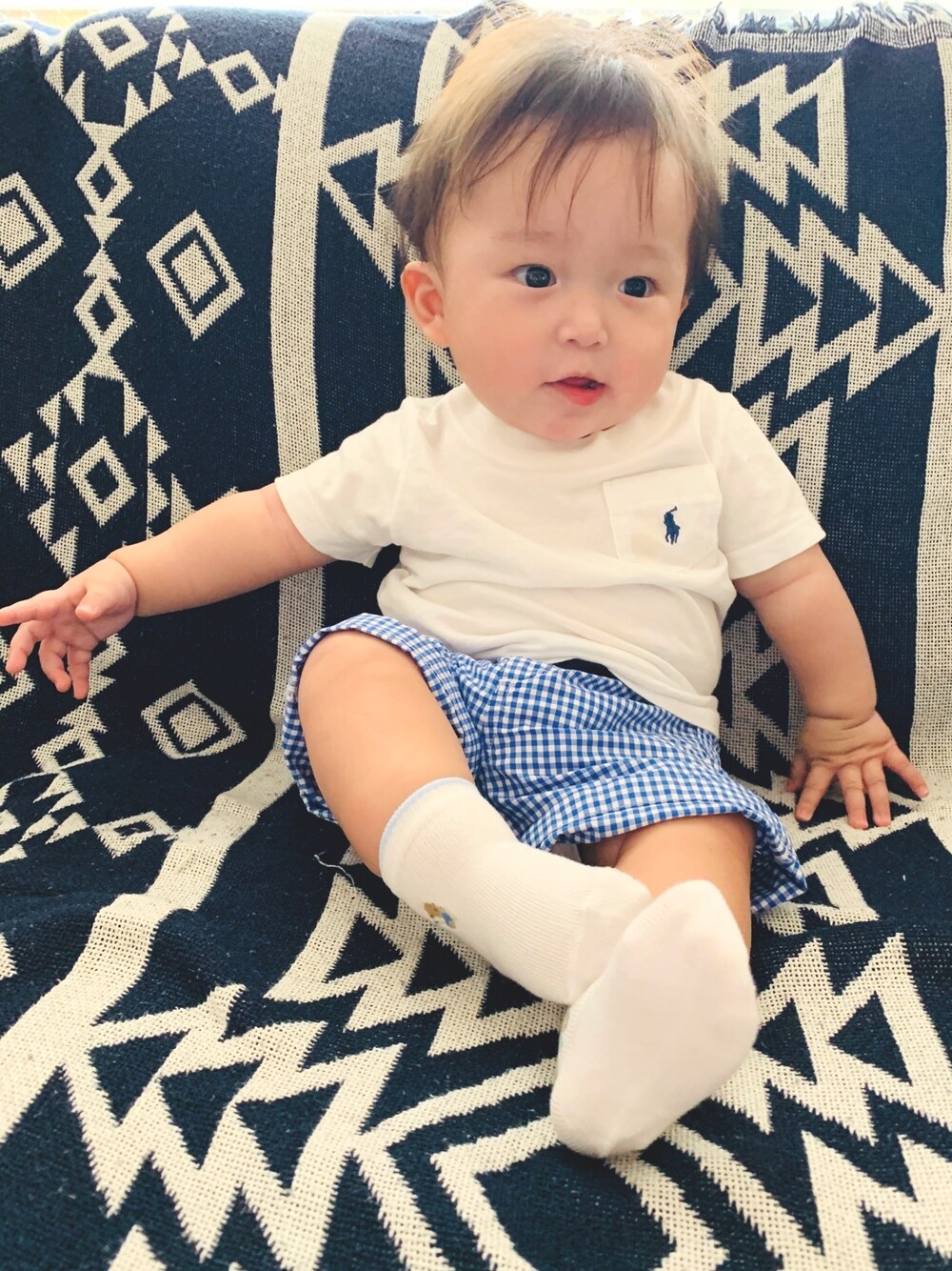 「夏コーデ、男の子コーデ、2020、Polo Ralph Lauren、familiar」｜「POLO RALPH LAUREN CHILDRENSWEARのアイテム（Tシャツ/カットソー、ホワイト系）」を使った、mizuchancoordinateさん（キッズ・70cm）の夏コーディネートの1枚目の写真