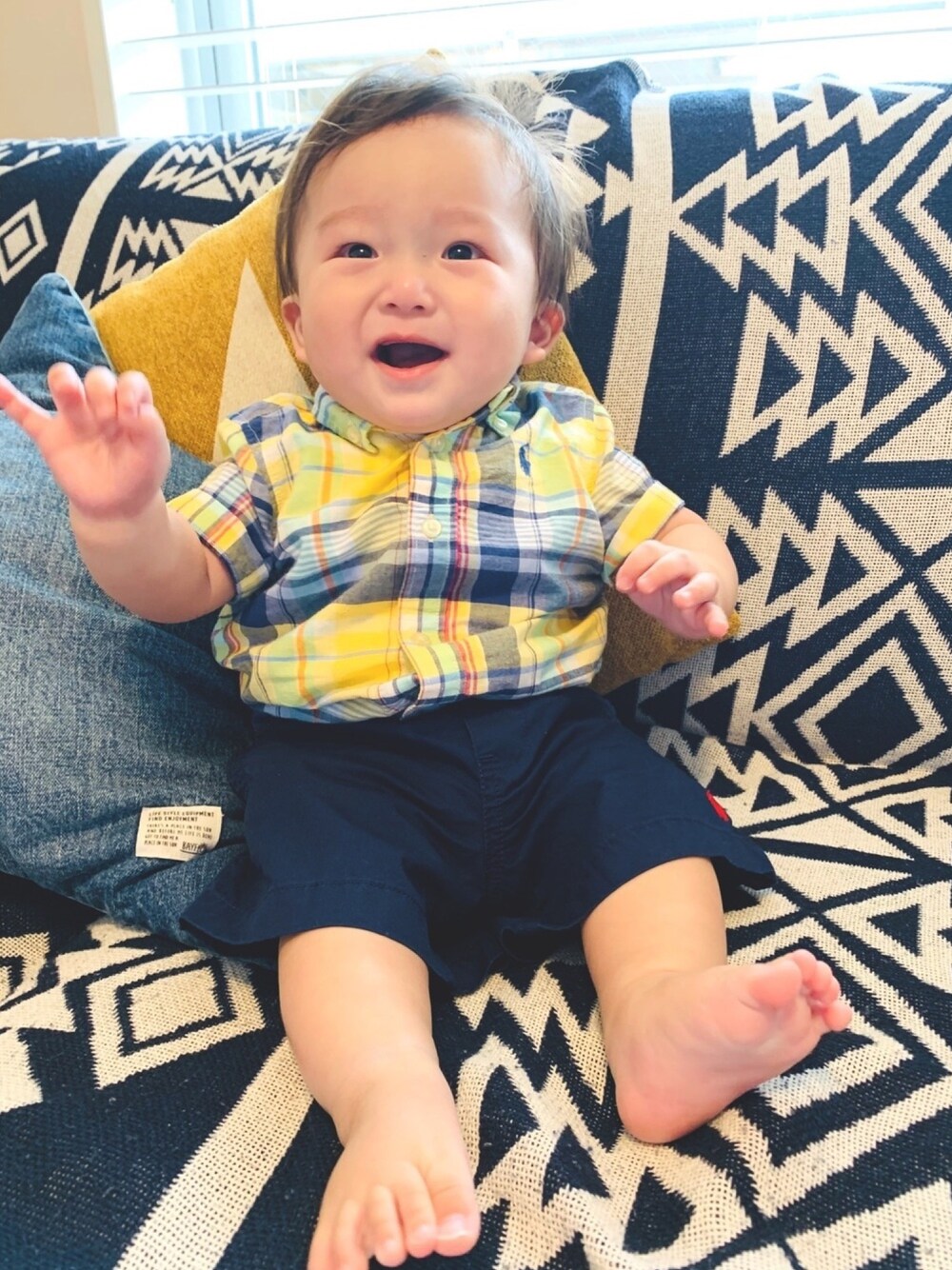 「おとこのこ、Polo Ralph Lauren、2020、7month、チェックシャツ」｜「POLO RALPH LAUREN CHILDRENSWEARのコットン マドラス シャツ（その他トップス、グリーン系）」を使った、mizuchancoordinateさん（キッズ・70cm）の夏コーディネートの1枚目の写真