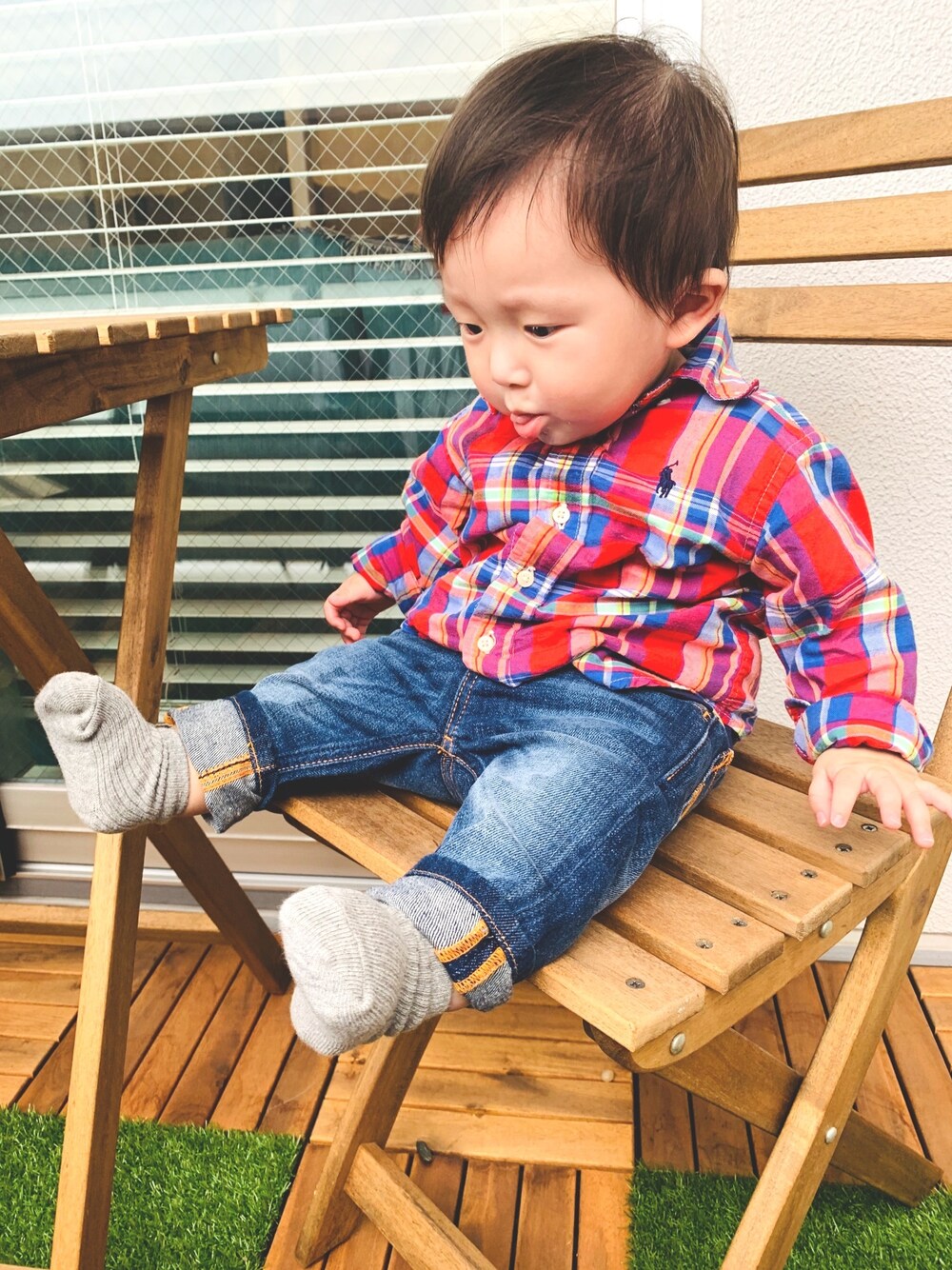「おとこのこ、2020、8ヶ月、Ralph Lauren、Nudie jeans」｜「POLO RALPH LAUREN CHILDRENSWEARのプラッド コットンポプリン シャツ（シャツ/ブラウス、グリーン系）」を使った、mizuchancoordinateさん（キッズ・70cm）の秋コーディネートの1枚目の写真