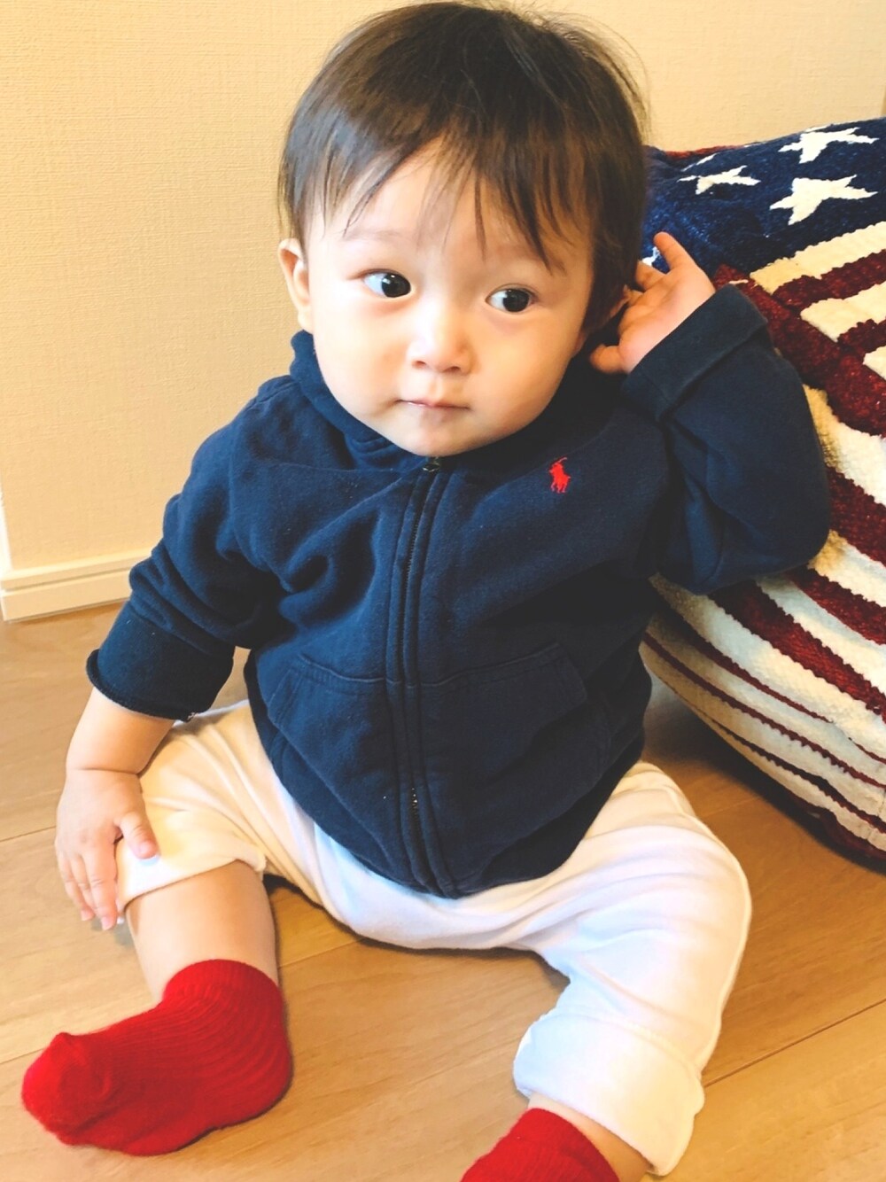 「おとこのと、おとこのこーで、Ralph Lauren、2020、ベビーコーデ、プチバトー、9month」｜「PETIT BATEAUのアイテム（パンツ、ホワイト系）」を使った、mizuchancoordinateさん（キッズ・70cm）の秋コーディネートの1枚目の写真