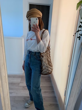 「ハイウエストストレートジーンズ」｜「アイテム（キャスケット）」を使った、kanakoさん（レディース・150cm）の春コーディネート