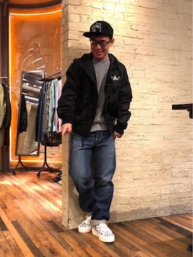 「HYSTERIC GLAMOUR（ヒステリックグラマー）のHYS WHISKY柄 刺繍キャップ（キャップ）」を使った、カンジさん（メンズ・167cm）の冬コーディネート