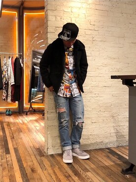 「HYSTERIC GLAMOUR（ヒステリックグラマー）のHYS WHISKY柄 刺繍キャップ（キャップ）」を使った、カンジさん（メンズ・167cm）の冬コーディネート