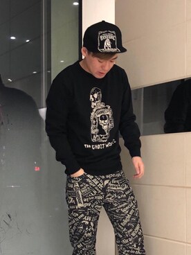 「HYSTERIC GLAMOUR（ヒステリックグラマー）のHYS WHISKY柄 刺繍キャップ（キャップ）」を使った、カンジさん（メンズ・167cm）の冬コーディネート