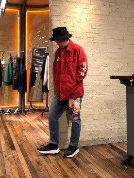 「アイテム（ミリタリージャケット、レッド系）」を使った、カンジさん（メンズ・167cm）の冬コーディネート