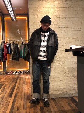 「レザーコーデ」｜「アイテム（ブルゾン）」を使った、カンジさん（メンズ・167cm）の冬コーディネート