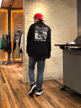 「HYSTERIC GLAMOUR（ヒステリックグラマー）のHYS WHISKY柄 刺繍キャップ（キャップ）」を使った、カンジさん（メンズ・167cm）の冬コーディネート