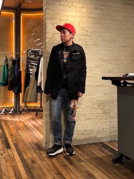 「HYSTERIC GLAMOUR（ヒステリックグラマー）のHYS WHISKY柄 刺繍キャップ（キャップ）」を使った、カンジさん（メンズ・167cm）の冬コーディネート