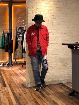 「アイテム（ミリタリージャケット、レッド系）」を使った、カンジさん（メンズ・167cm）の冬コーディネート