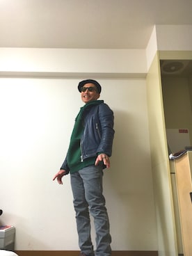 「Johnbull Private labo（ジョンブルプライベートラボ）のアイテム（ライダースジャケット）」を使った、蕎麦筋太郎さん（メンズ・163cm）の秋コーディネート