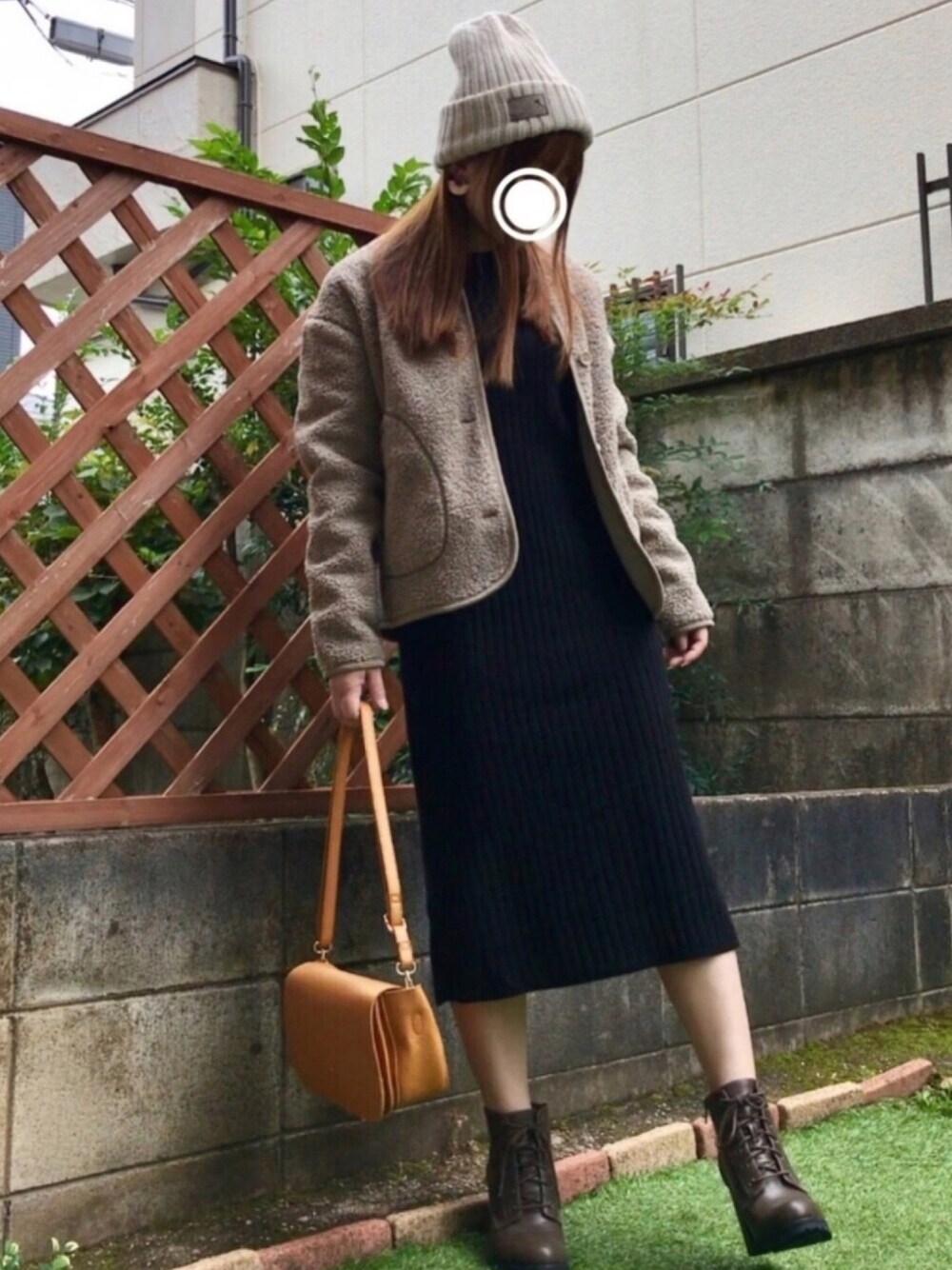 「低身長、チビーズ✳︎、GU、UNIQLO、ニットワンピース、ニット帽、フリースノーカラージャケット、カジュアルコーデ、レースアップブーツ、2018マイベストコーデ」｜「14+のイタリア糸タグ付ニット帽 / knitcap（ニットキャップ/ビーニー、ホワイト系）」を使った、すぅさん（レディース・148cm）の秋コーディネートの1枚目の写真