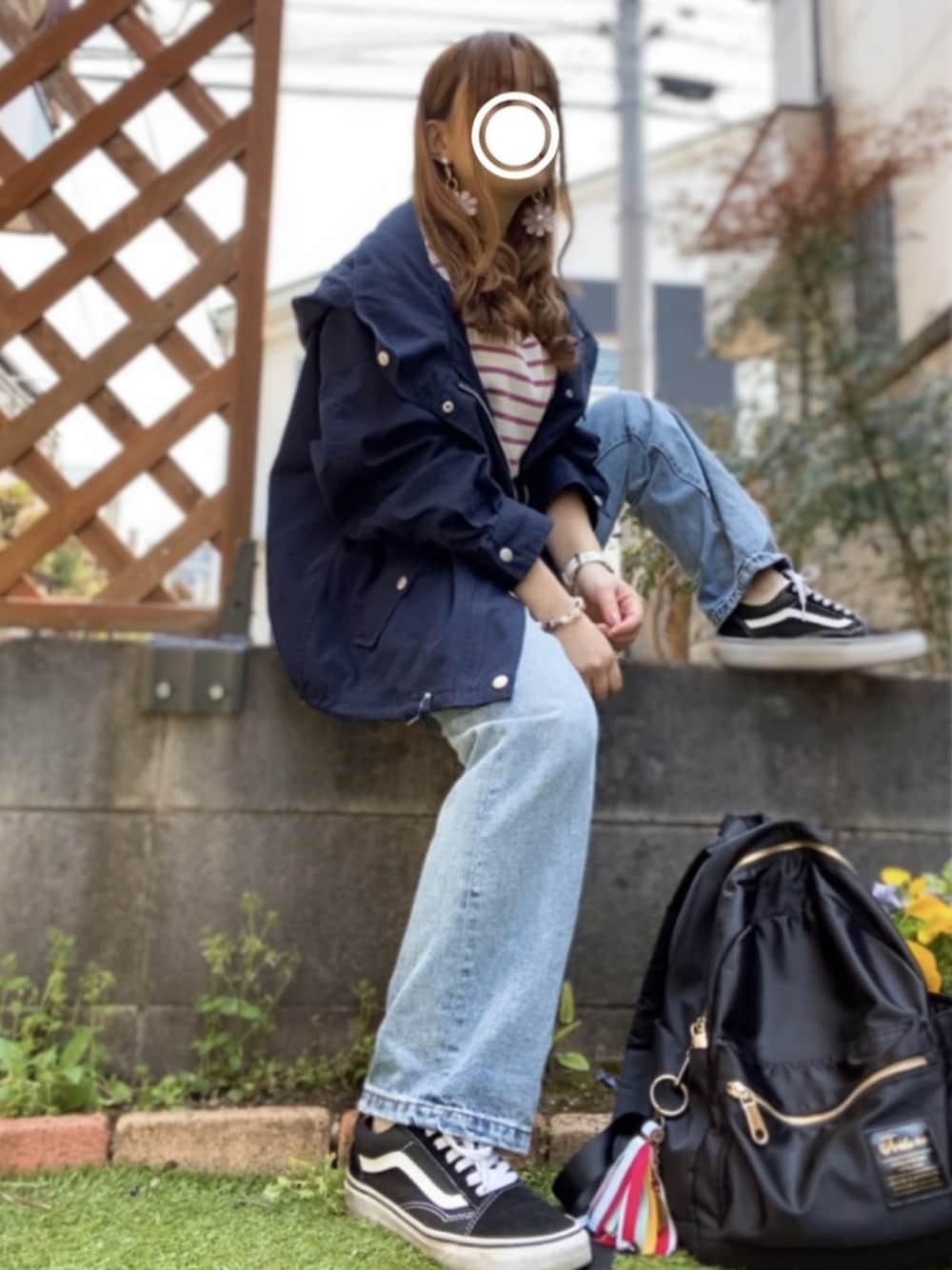 「大人カジュアル、低身長、チビーズ✳︎、春コーデ、カジュアル、プチプラコーデ、ボーダートップス、ラクチンコーデ」｜「andmeのチノツイルマウンテンパーカー ミリタリージャケット ブルゾン（マウンテンパーカー、ブルー系）」を使った、すぅさん（レディース・148cm）の春コーディネートの1枚目の写真