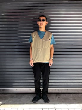 「MANASTASH（マナスタッシュ）のアイテム（ベスト）」を使った、ウルフサイキさん（メンズ・167cm）の夏コーディネート