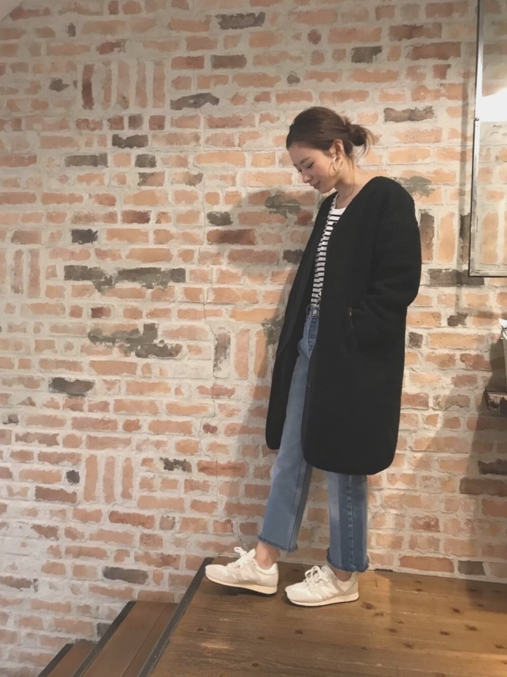 「ニューバランス、ニューバランス520、秋コーデ、スニーカーコーデ、ootd、ボーダートップス、カジュアル、デニム」｜「ALPHAのアイテム（ジャケット/アウター、ブラック系）」を使った、airiさん（レディース・160cm）の秋コーディネートの1枚目の写真