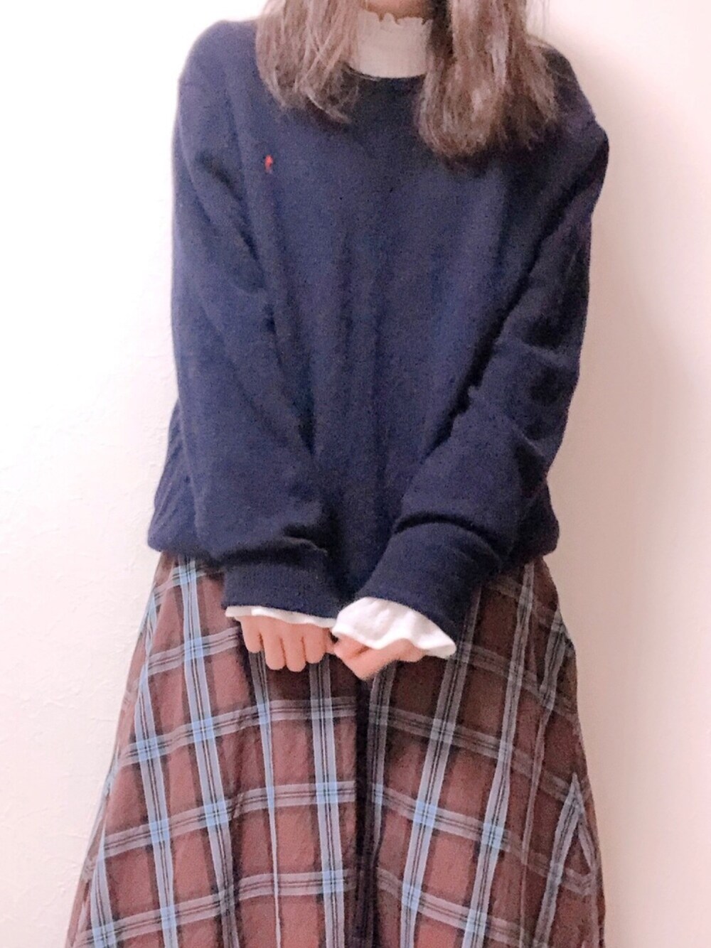 「シンプル、秋冬、ラルフローレン、GU、フリル、ニット、スカート」｜「GUのアイテム（スカート、その他）」を使った、ひなのさん（レディース・165cm）の秋コーディネートの1枚目の写真