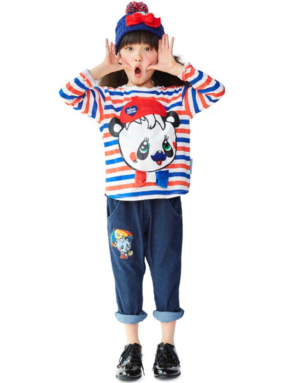 「デニム、kids、パンダ、子供服、キッズコーデ、女の子、グラグラ、かわいい、グラスラ」｜「GrandGroundのハッピィ～ニットｃａｐ（ニットキャップ/ビーニー、グレー系）」を使った、storiesさん（キッズ・110cm）の夏コーディネートの1枚目の写真