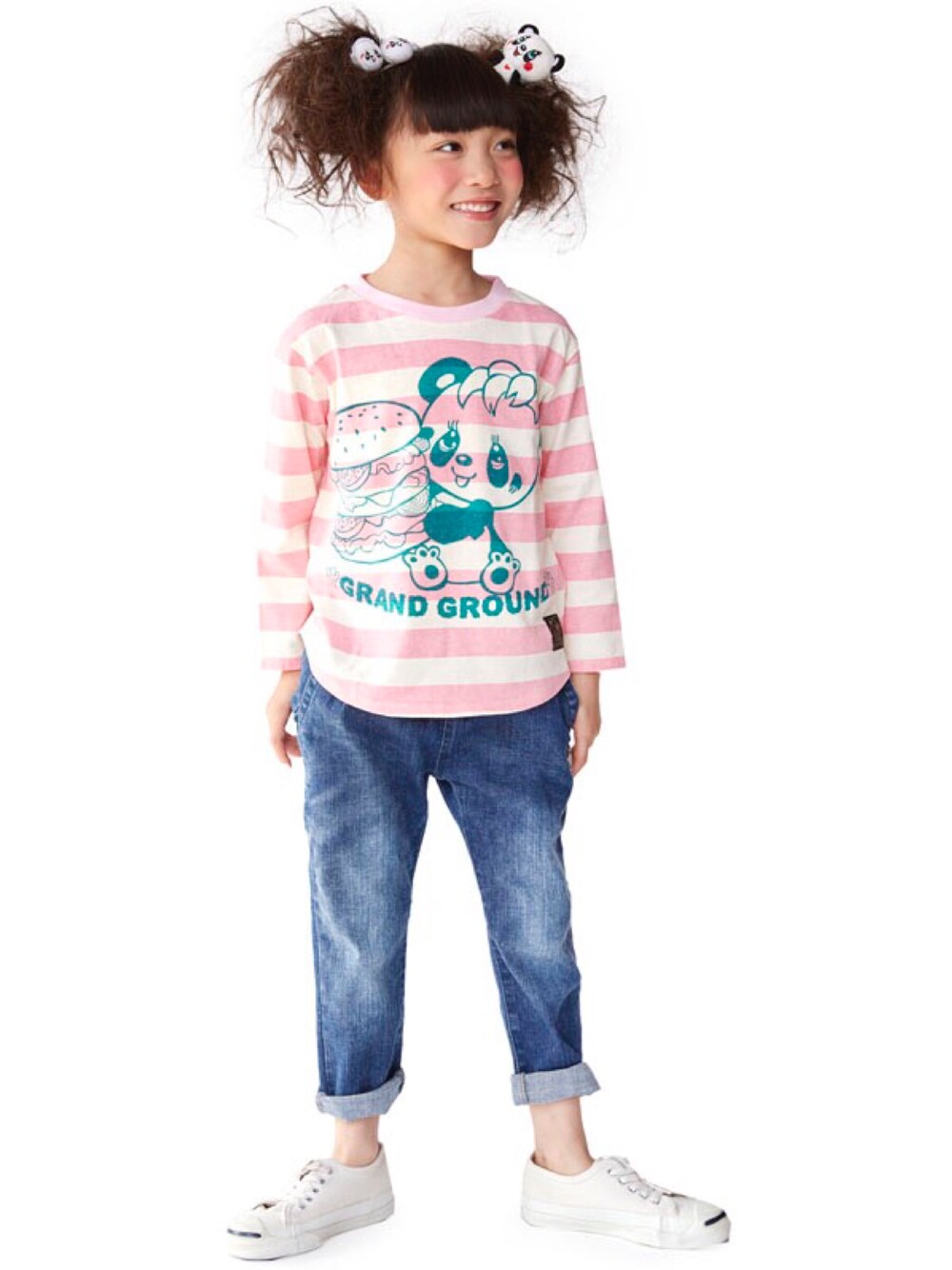 「カジュアル、ボーダー、パンダ、プチプラ、子供服、キッズコーデ、プチプラコーデ、グラスラ、グランドスラム、ストーリーズ」｜「STORIESのストレッチデニムテーパードパンツ（デニムパンツ、その他）」を使った、storiesさん（キッズ・110cm）の夏コーディネートの1枚目の写真