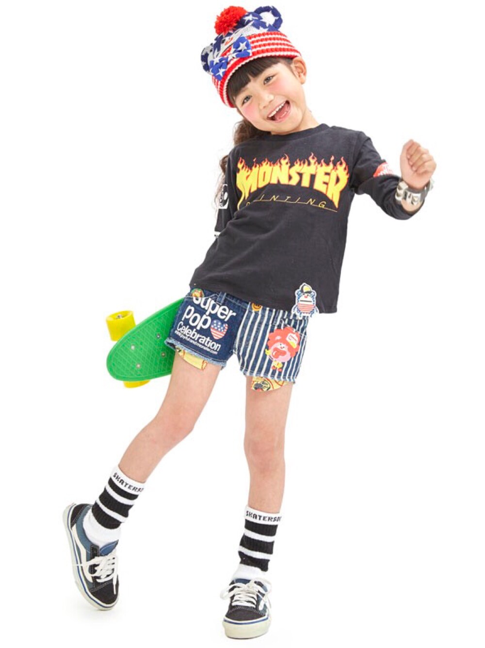 「夏休み、ショートパンツ、カジュアルコーデ、女の子コーデ、男の子コーデ、JAM 、秋コーデ、ジャム、キッズファッション、子供カッコイイ」｜「JAMのポケテンニットｃａｐ（ニットキャップ/ビーニー、ブルー系）」を使った、storiesさん（キッズ・110cm）の夏コーディネートの1枚目の写真