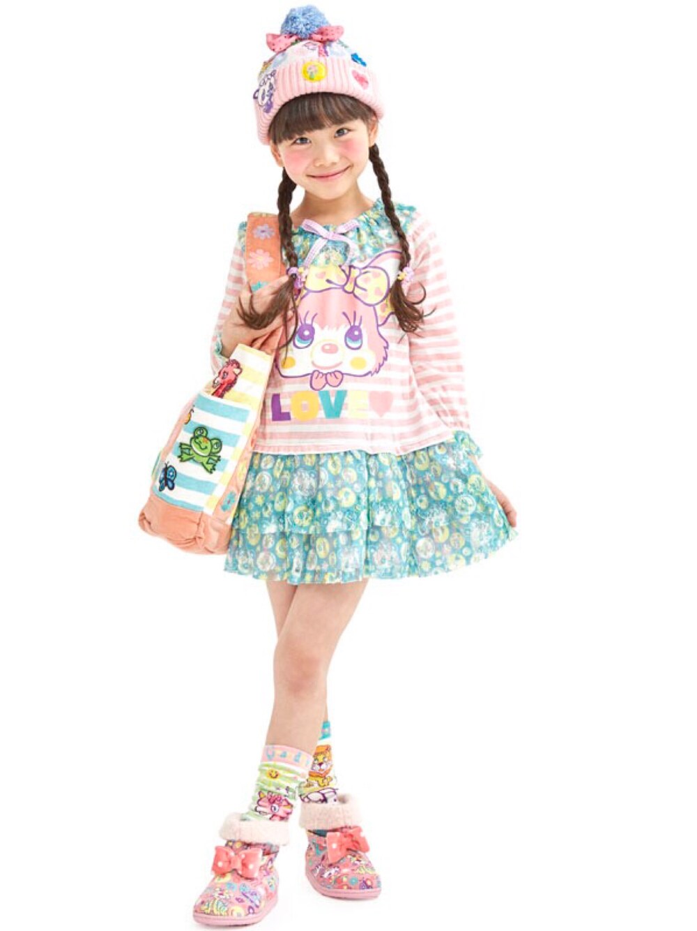 「秋のコーデ、kids、パステル、子供服、パステルカラー、女の子、グラグラ、秋コーデ、キッズファッション、グラスラ」｜「GrandGroundのハッピィ～ドリームニットｃａｐ（ニットキャップ/ビーニー、グリーン系）」を使った、storiesさん（キッズ・110cm）の夏コーディネートの1枚目の写真