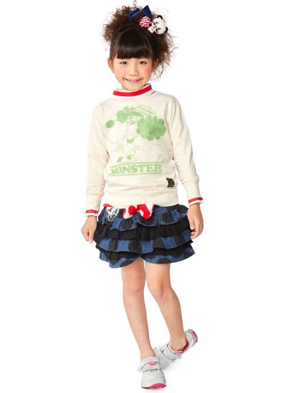 「ボーダー、シンプル、トレーナー、kids、タートルネック、パンダ、キュロット、おんなのこ、ストーリーズ」｜「STORIESのラッキートレーナー（スウェット、ベージュ系）」を使った、storiesさん（キッズ・110cm）の秋コーディネートの1枚目の写真
