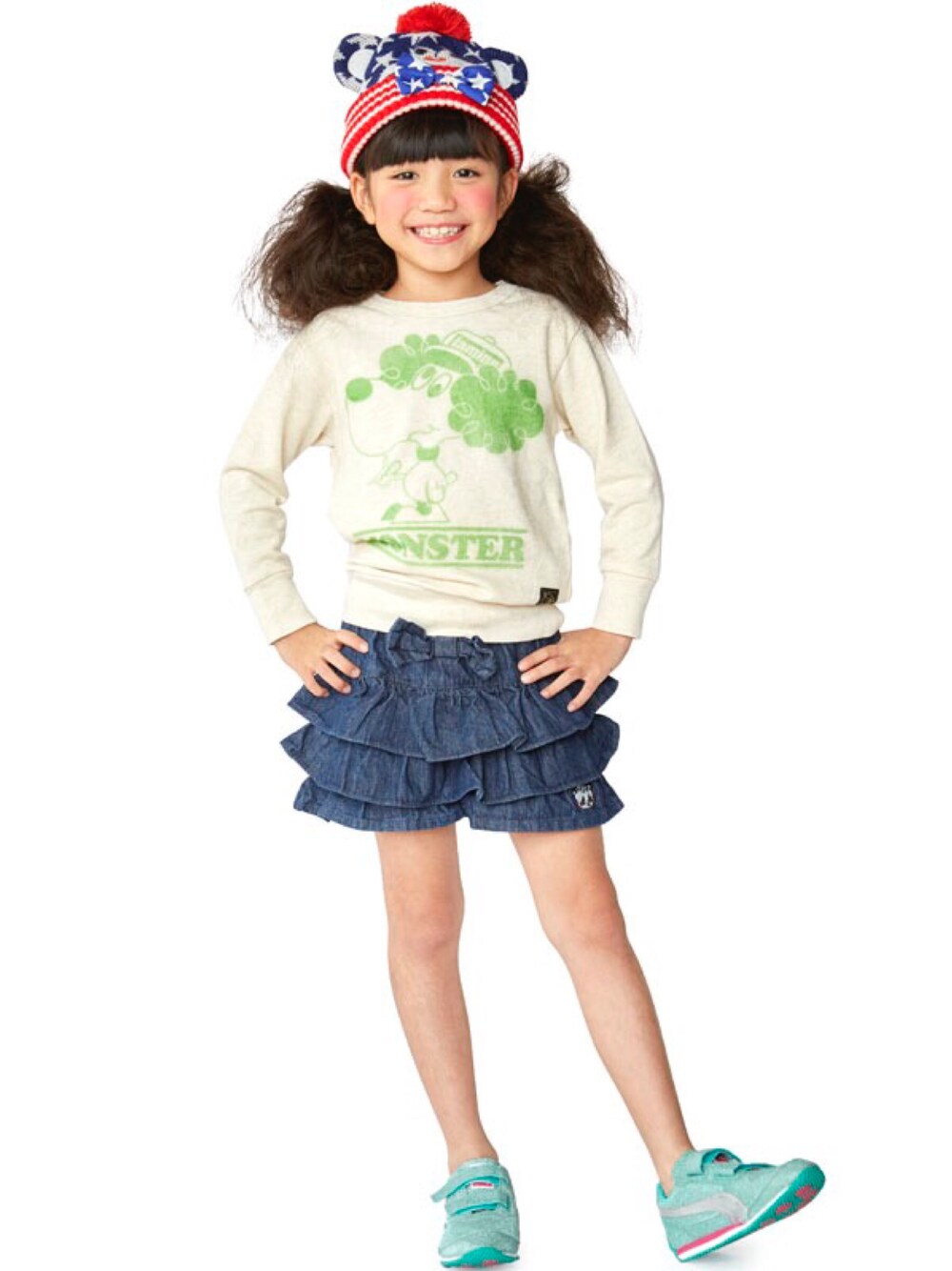 「シンプル、ニット帽、トレーナー、kids、子供服、キッズコーデ、キュロット、女の子、グラスラ、ストーリーズ」｜「JAMのポケテンニットｃａｐ（ニットキャップ/ビーニー、ブルー系）」を使った、storiesさん（キッズ・110cm）の秋コーディネートの1枚目の写真