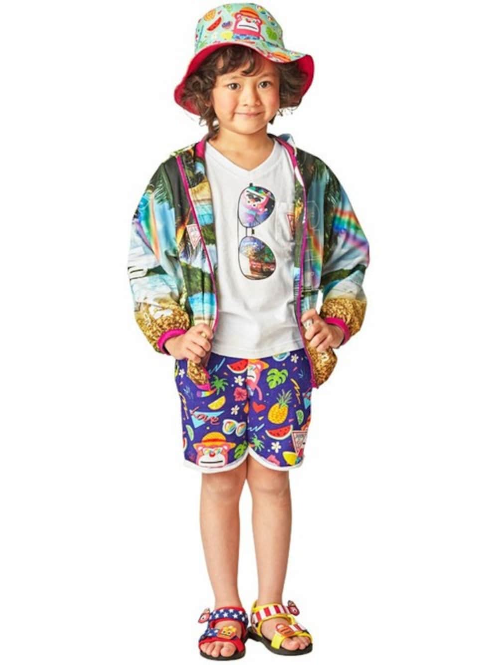 「kids、フェススタイル、キッズコーデ、夏コーデ、派手、海コーデ、JAM 、ジャム、stories、ストーリーズ」｜「JAMのトコポケベイベーメッシュパーカー（パーカー、その他）」を使った、storiesさん（キッズ・110cm）の春コーディネートの1枚目の写真