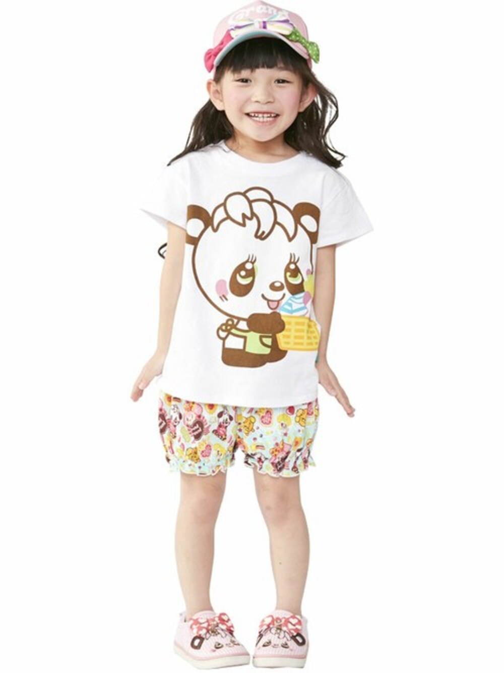 「kids、パンダ、キッズコーデ、夏コーデ、グラグラ、ブルマ、ガーリーカジュアル、stories、grandground、ストーリーズ」｜「GrandGroundのグラブルマ（その他パンツ、グリーン系）」を使った、storiesさん（キッズ・110cm）の春コーディネートの1枚目の写真