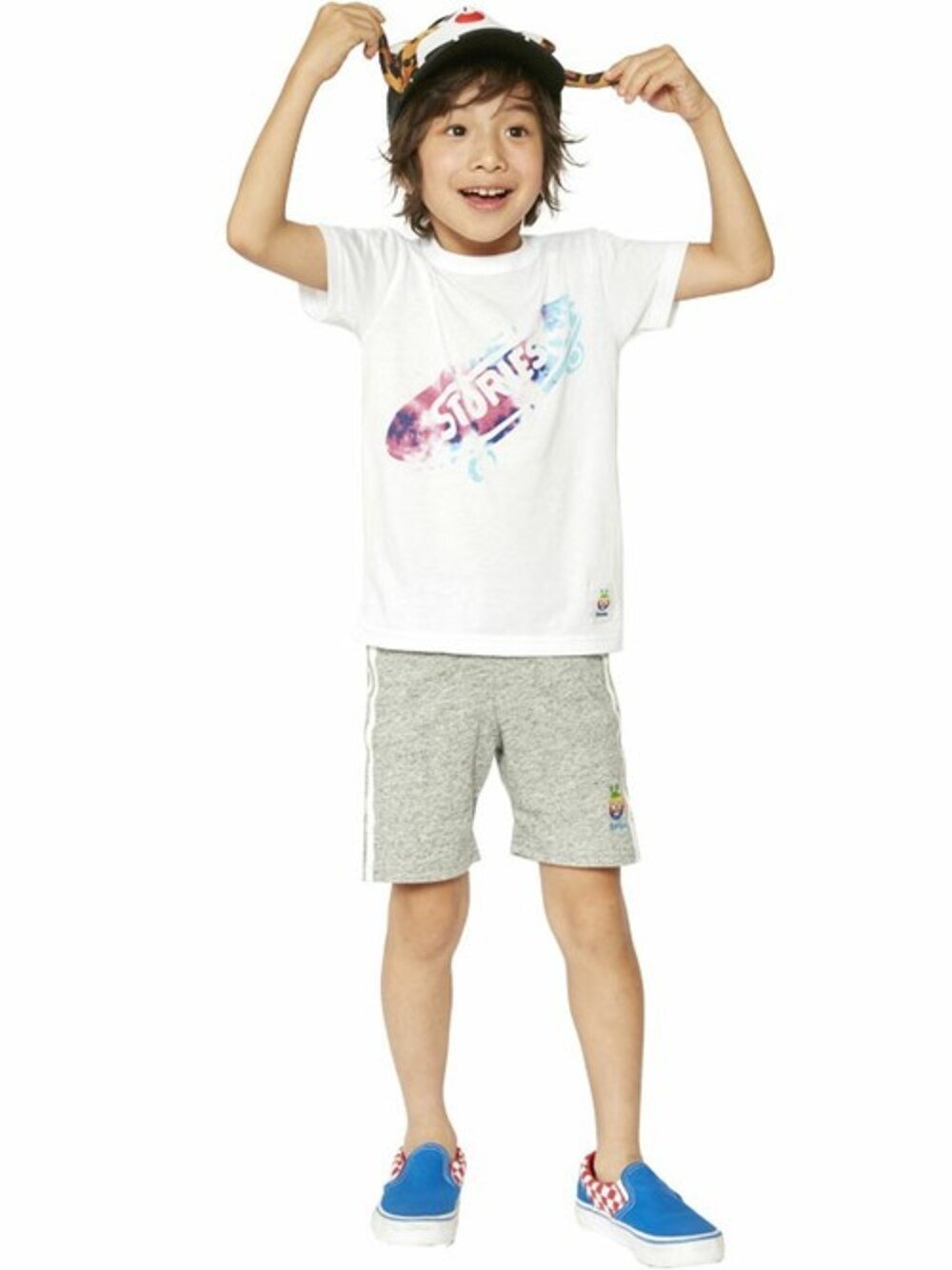 「タイダイ柄、kids、サーフ、プチプラ、キッズコーデ、ゆるカジ、夏コーデ、白Tシャツ、stories、ストーリーズ」｜「JAMのポケテンcap（キャップ、その他）」を使った、storiesさん（キッズ・110cm）の夏コーディネートの1枚目の写真