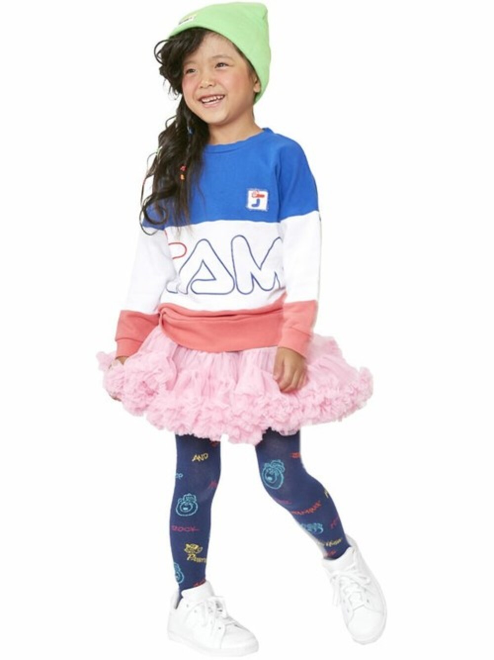 「スウェット、kids、タイツ、スポーツミックス、レトロ、キッズコーデ、パロディ、JAM 、stories、ストーリーズ」｜「JAMのJAM SPORTSトレーナー（スウェット、ブルー系）」を使った、storiesさん（キッズ・110cm）の夏コーディネートの1枚目の写真